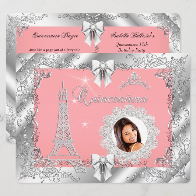 Princess Pink PEACH Quinceanera Silver Photo BIG Invitation (Front/Back)