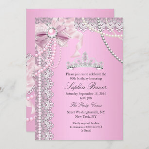 Princess Pink Pearl Bow Lace Birthday Party A Invitation