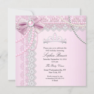 Princess Pink Pearl Bow Lace Birthday Party B Invitation