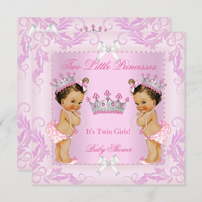 Princess Pink Pearls Twin Baby Shower Tiara BR Invitation (Front/Back)