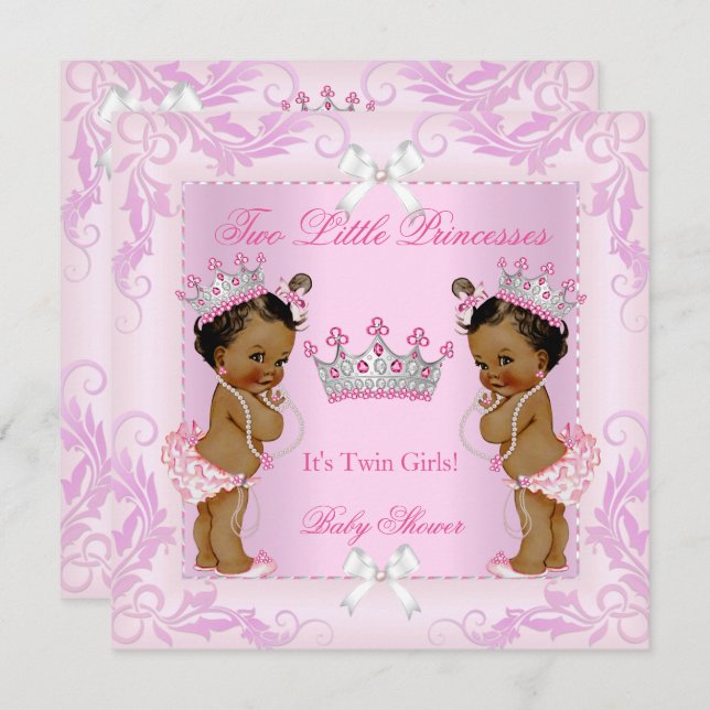 Princess Pink Pearls Twin Baby Shower Tiara Ethnic Invitation (Front/Back)
