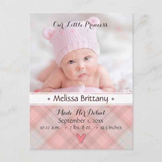 Princess Pink Plaid Baby Girl Birth Announcement (Front)