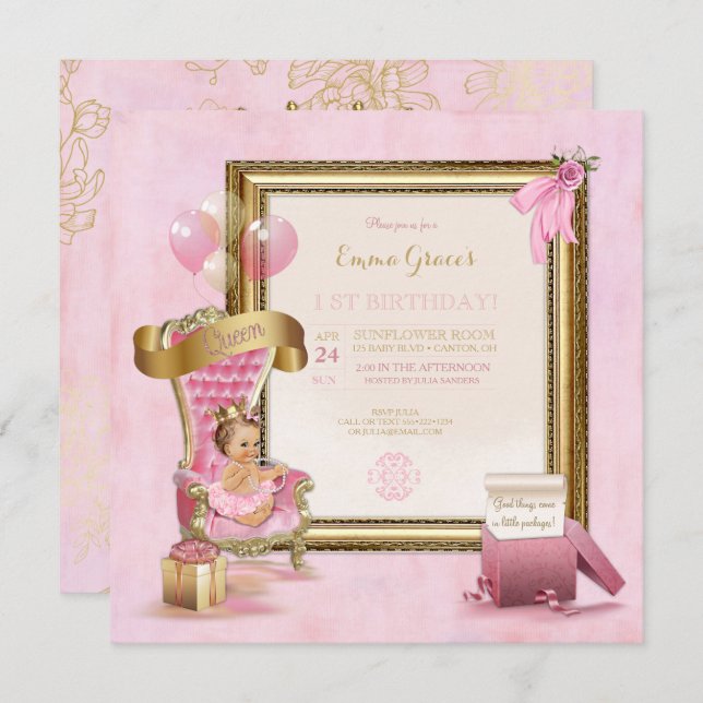 Princess Pink Velvet Throne Gold Crown Birthday Invitation (Front/Back)