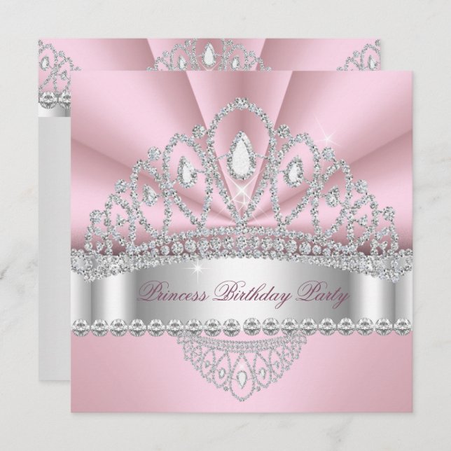 Princess Pink White Diamond Tiara Birthday Party Invitation (Front/Back)