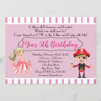Princess Pirate Theme Birthday Party Invitation