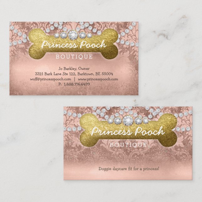 Princess Pooch Dog Care Vet Walker Bone Rose Gold Business Card (Front/Back)