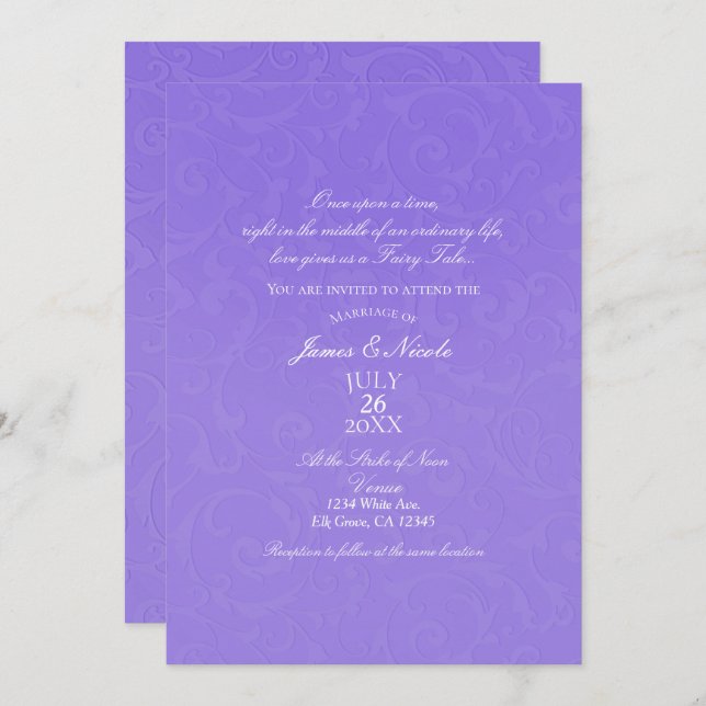 Princess Purple Damask Storybook Elegant Wedding Invitation (Front/Back)