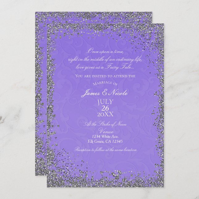 Princess Purple Damask Storybook Elegant Wedding Invitation (Front/Back)