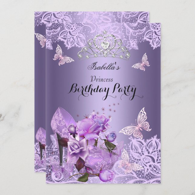 Princess Purple Lilac High Heel Rose Birthday 3 Invitation (Front/Back)