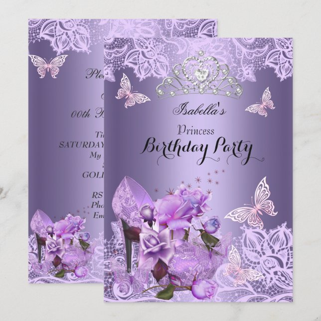 Princess Purple Lilac High Heel Rose Birthday 3 Invitation (Front/Back)