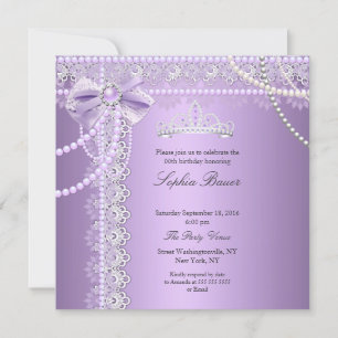 Princess Purple Pearl Bow Lace Birthday Party Invitation