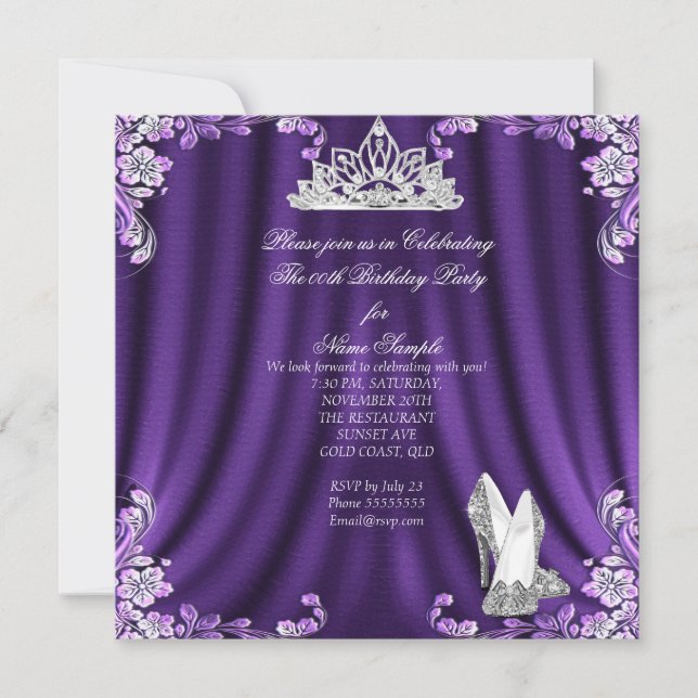Princess Purple Silver High Heels Birthday Party 2 Invitation (Front)