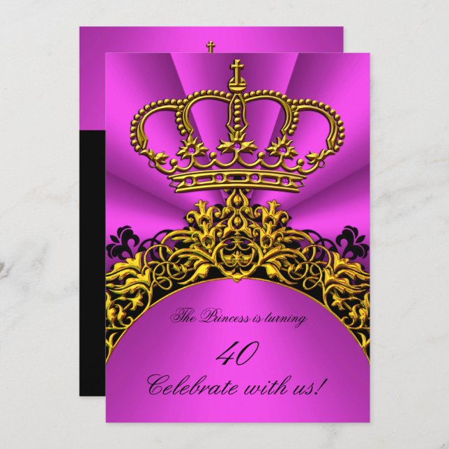 Princess Queen Gold Hot Pink Birthday Party Invitation (Front/Back)