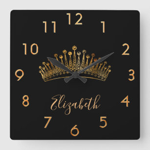 Princess queen gold tiara crown black name square wall clock