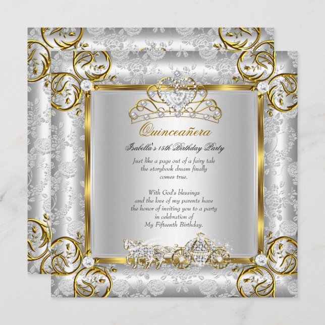 Princess Quinceanera 15th Birthday Gold Silver Invitation (Front/Back)