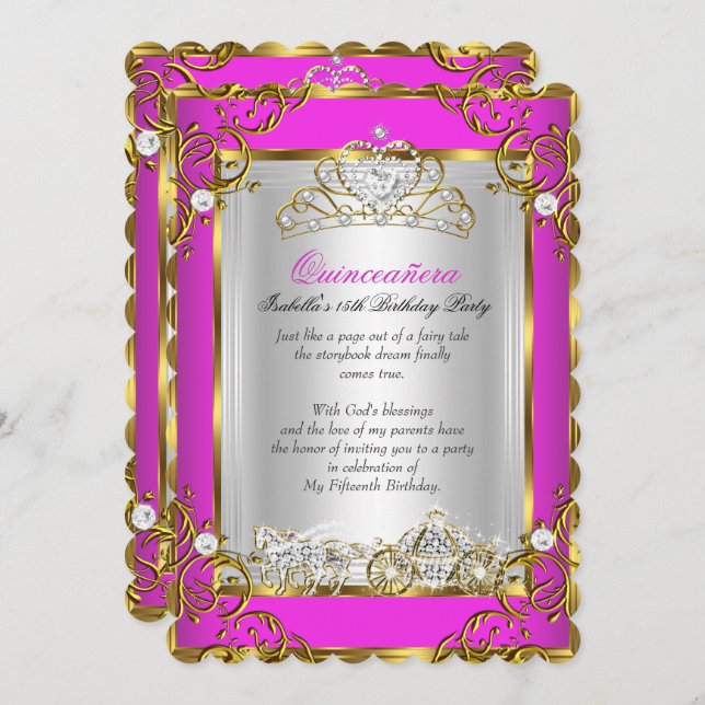 Princess Quinceanera 15th Birthday Hot Pink Invitation (Front/Back)