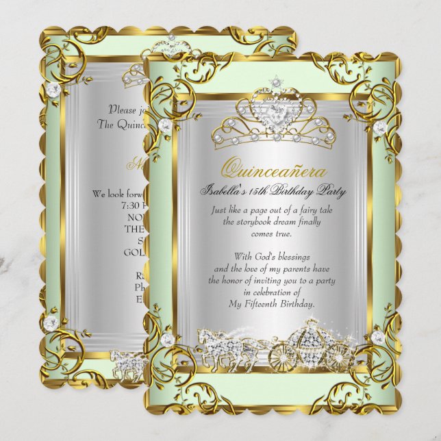 Princess Quinceanera 15th Birthday Mint Green Invitation (Front/Back)