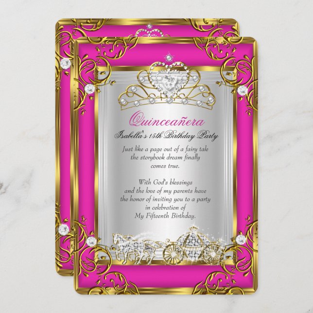 Princess Quinceanera 15th Birthday Pink Gold Invitation (Front/Back)