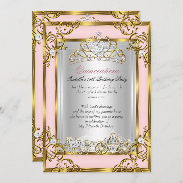 Princess Quinceanera 15th Birthday Pink Peach Invitation (Front/Back)