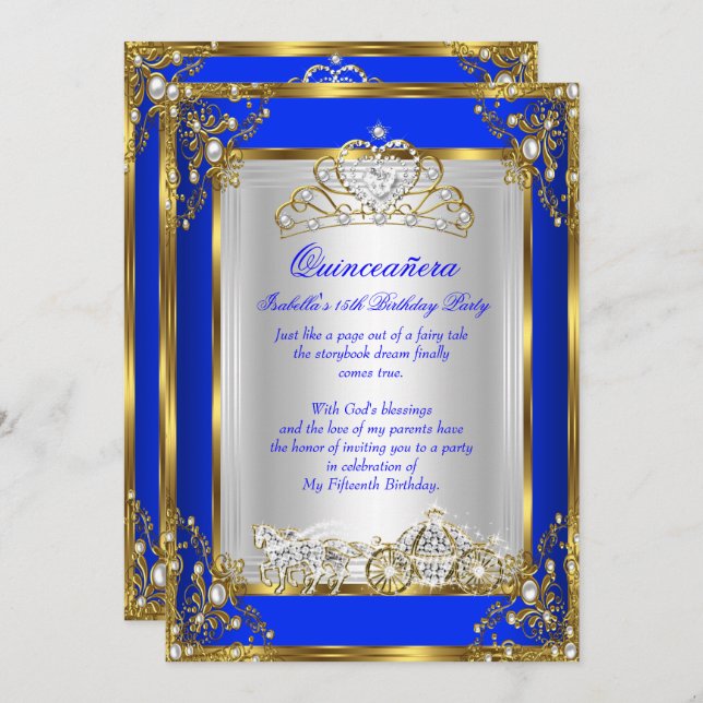 Princess Quinceanera 15th Birthday Royal Blue Invitation (Front/Back)