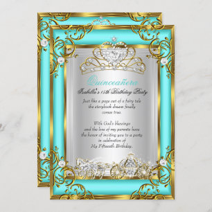 Princess Quinceanera 15th Birthday Teal Aqua Invitation