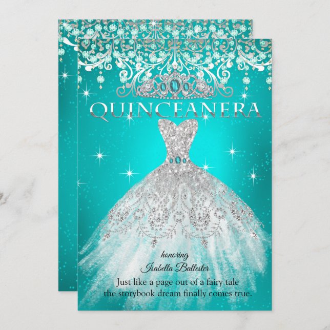 Princess Quinceanera 15th Birthday Teal Blue Tiara Invitation (Front/Back)