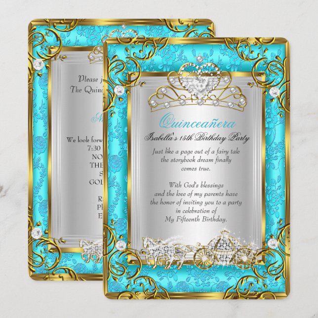 Princess Quinceanera 15th Birthday Teal Damask Invitation (Front/Back)