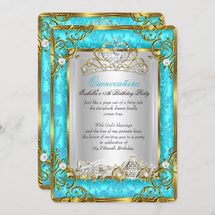 Princess Quinceanera 15th Birthday Teal Damask Invitation