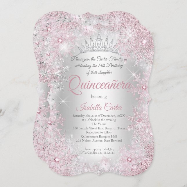 Princess Quinceanera 15th Blush Pink Silver Party Invitation (Front/Back)