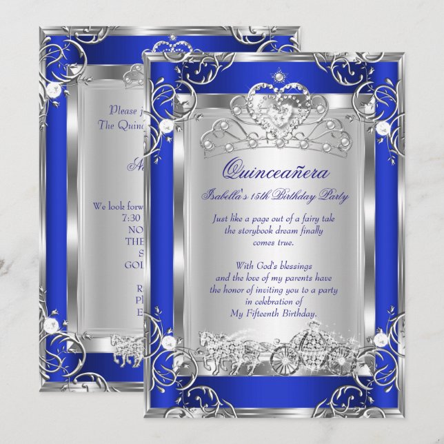 Princess Quinceanera 15th Party Deep Blue Silver Invitation (Front/Back)