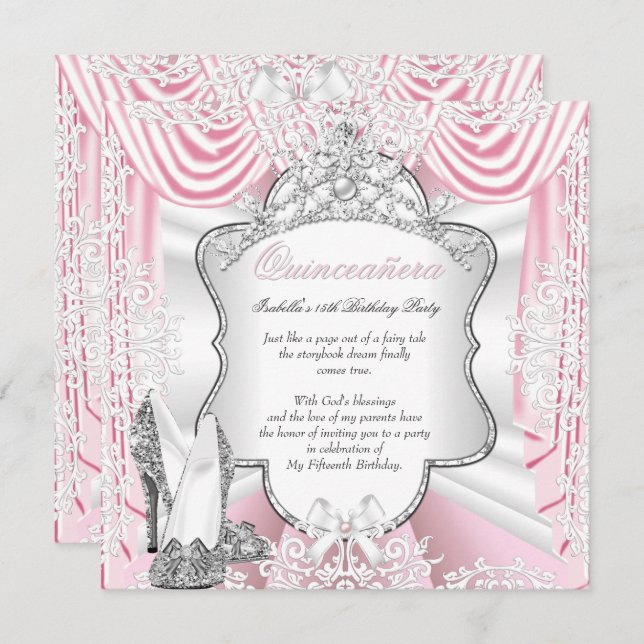 Princess Quinceanera 15th Party Silk Pink Invitation (Front/Back)