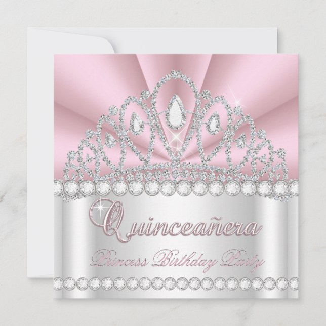 Princess Quinceanera 15th Pink White Diamond Gem Invitation (Front)