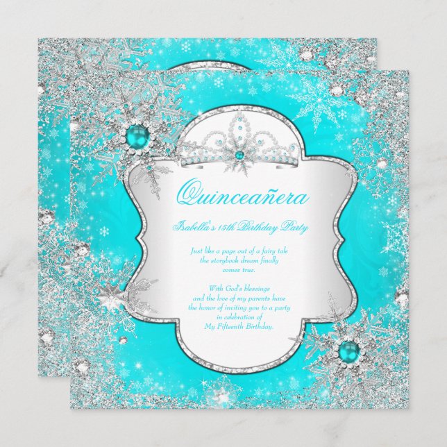 Princess Quinceanera Aqua Teal Winter Wonderland Invitation (Front/Back)
