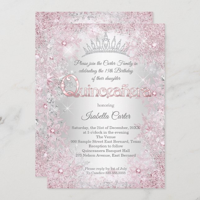 Princess Quinceanera Birthday Party Pink Silver Invitation (Front/Back)