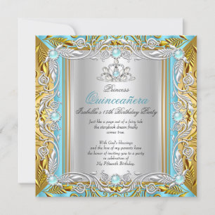 Princess Quinceanera Blue Teal Silver Gold Invitation