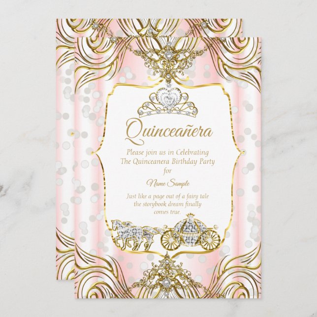 Princess Quinceanera carriage gold pink white Invitation (Front/Back)