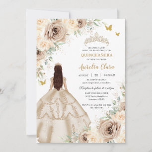 Princess Quinceañera Champagne Floral Roses Dress  Invitation