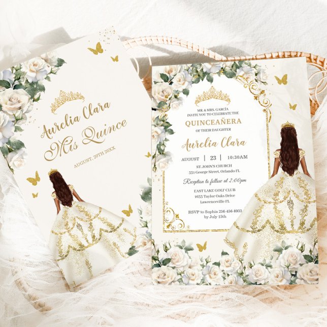 Princess Quinceañera Champagne Ivory Roses Dress  Invitation (Creator Uploaded)