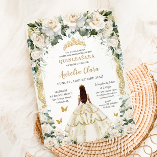 Princess Quinceañera Champagne Ivory Roses Dress  Invitation (Creator Uploaded)