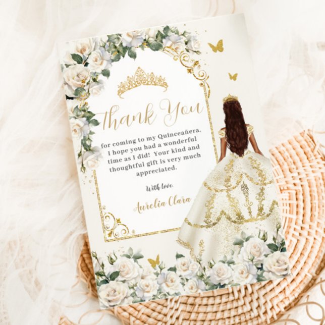 Princess Quinceañera Champagne Ivory Roses Dress Thank You Card (Creator Uploaded)