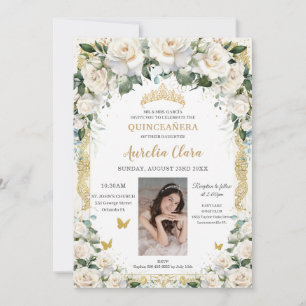 Princess Quinceañera Champagne Ivory Roses Photo Invitation
