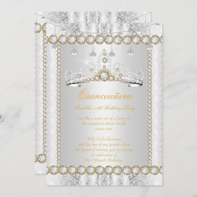 Princess Quinceanera Diamond Lace Gold Silver Invitation (Front/Back)