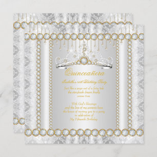 Princess Quinceanera Diamond Lace Gold White Invitation