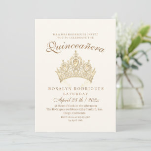 Princess Quinceañera Elegant Gold Crown Beige Invitation