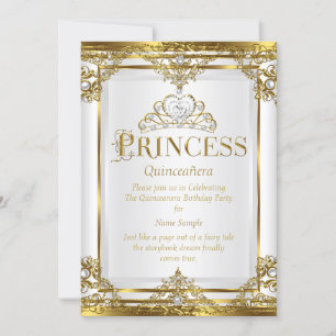 Princess Quinceanera Elegant Gold White Pearl 2 Invitation