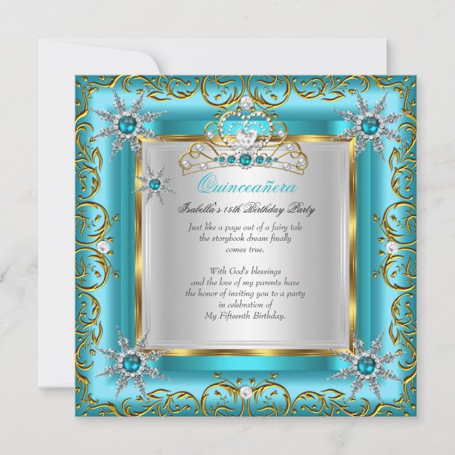 Princess Quinceanera Elite Gold Silver Teal Blue Invitation (Front)