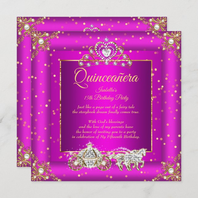 Princess Quinceanera Elite Magenta Gold Sparkle Invitation (Front/Back)