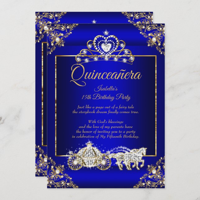 Princess Quinceanera Elite Royal Blue Gold Invitation (Front/Back)
