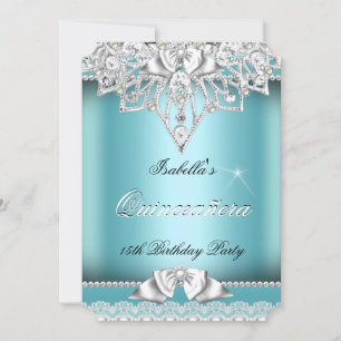 Princess Quinceanera Girl Teal Lace 15th Party 3 Invitation