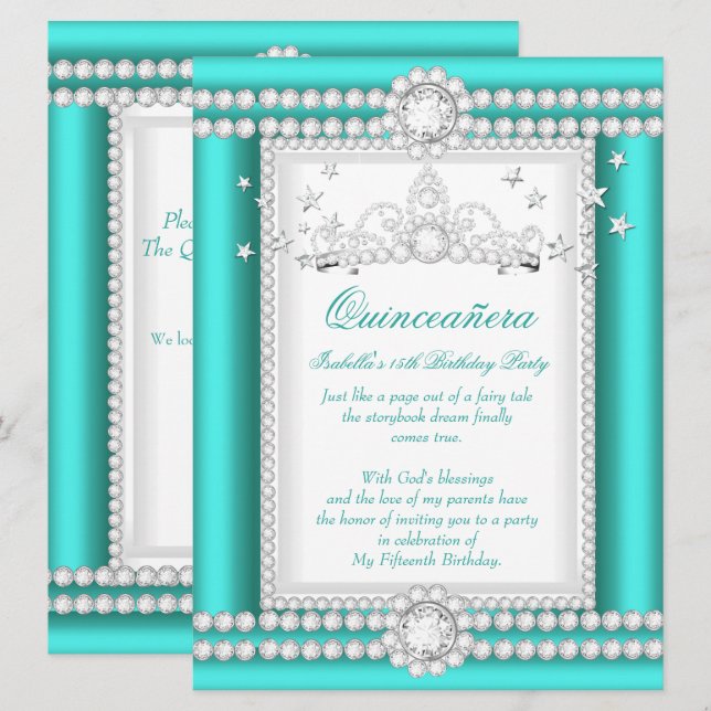 Princess Quinceanera Jade Teal Diamond Tiara Invitation (Front/Back)